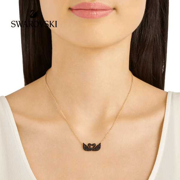 SWAROVSKI 5296468 ICONIC SWAN NECKLACE, BLACK, ROSE-GOLD TONE PLATED