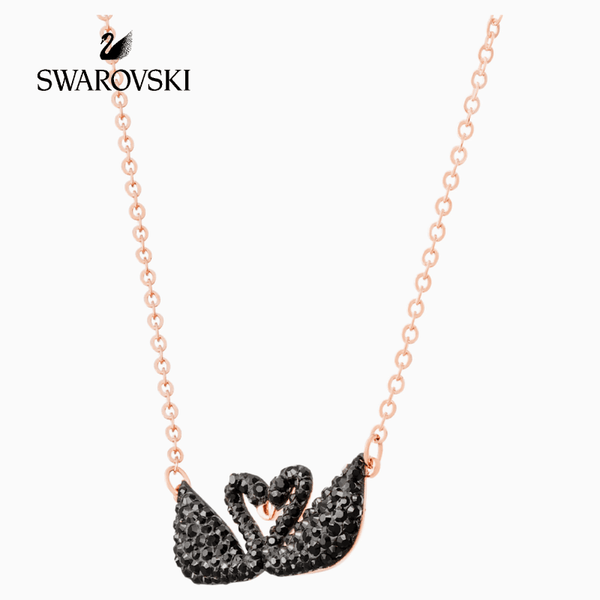 SWAROVSKI 5296468 ICONIC SWAN NECKLACE, BLACK, ROSE-GOLD TONE PLATED