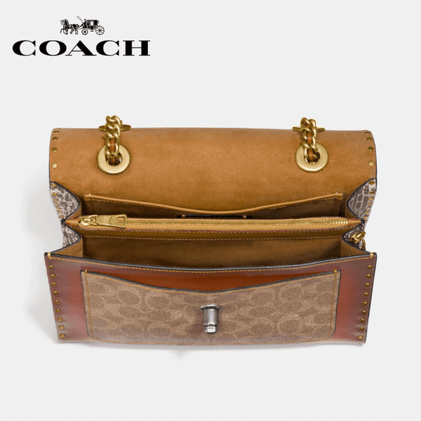 Coach - Parker With Rivets And Snakeskin Detail Shoulderbag / Handbag - Black Multi / Brass