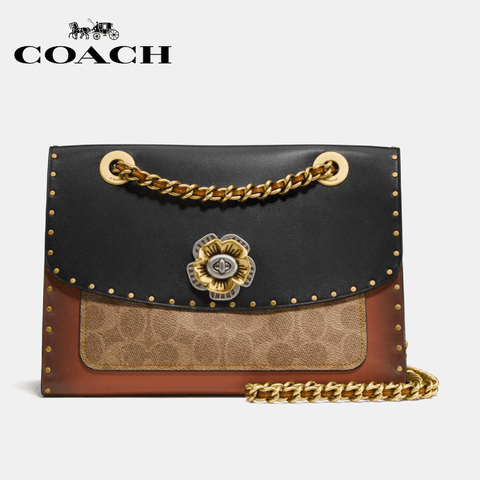 Coach - Parker With Rivets And Snakeskin Detail Shoulderbag / Handbag - Black Multi / Brass