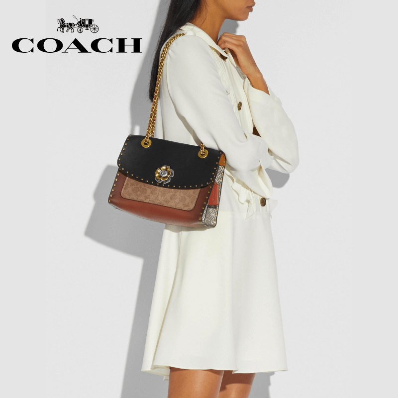 Coach - Parker With Rivets And Snakeskin Detail Shoulderbag / Handbag - Black Multi / Brass