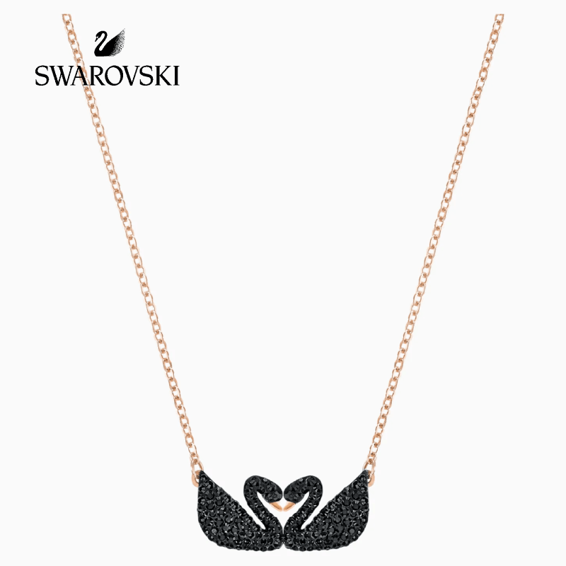 SWAROVSKI 5296468 ICONIC SWAN NECKLACE, BLACK, ROSE-GOLD TONE PLATED